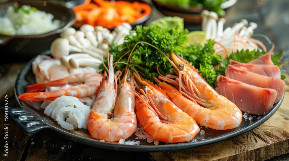 Assorted seafood and vegetables on a Shabu plate, ready for hot pot Assorted seafood and vegetables on a Shabu plate, ready for hot pot