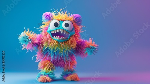 A multicolored furry creature with large blue eyes, standing against a colorful gradient background. This image showcases a lively and whimsical character. photo