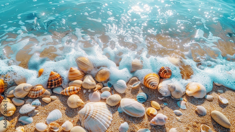 Beautiful sea beach with colorful pebbles and shells along the shoreline Beautiful sea beach with colorful pebbles and shells along the shoreline