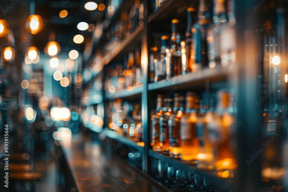Blurred view of shelves with alcohol drinks in bar - generative ai Blurred view of shelves with alcohol drinks in bar - generative ai