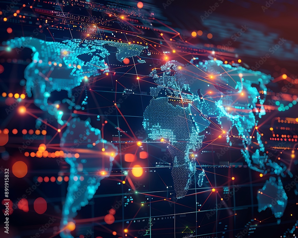 Ultra HD photo of a global network with a glowing world map and dynamic data nodes, captured in high detail. Ultra HD photo of a global network with a glowing world map and dynamic data nodes, captured in high detail.