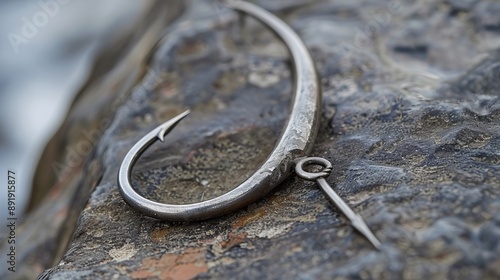 A fishing hook positioned on a rocky outdoor surface is shown in high detail, illustrating the rugged and outdoor context of fishing gear and the textures in nature.