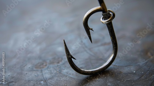 An isolated image of a fishing hook with double barbs, placed onto a neutral surface, showcasing the hook's intricate design, function, and readiness for use. photo