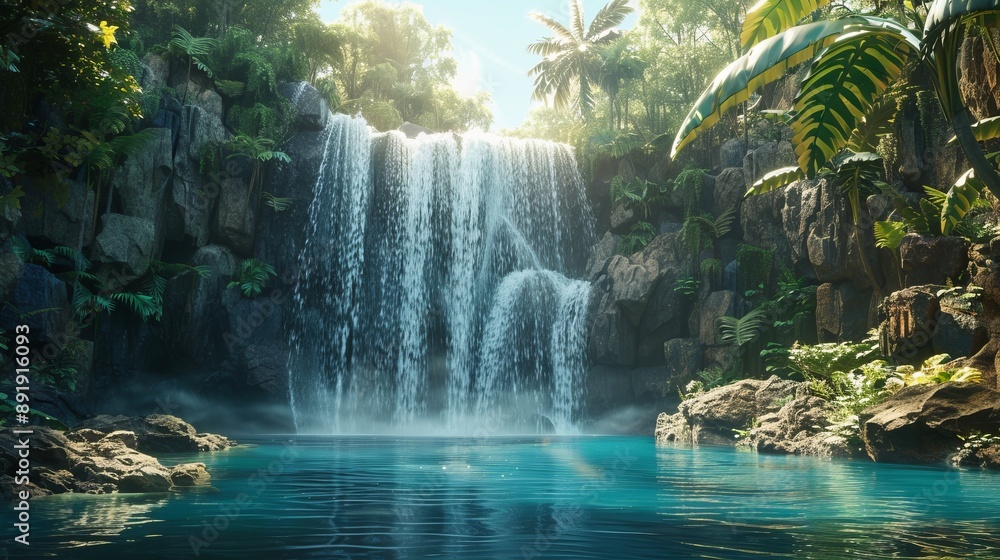 A tranquil and breathtaking scene of a majestic waterfall cascading gracefully into a crystal clear pool in the heart of lush, green, tropical jungle scenery. A tranquil and breathtaking scene of a majestic waterfall cascading gracefully into a crystal clear pool in the heart of lush, green, tropical jungle scenery.