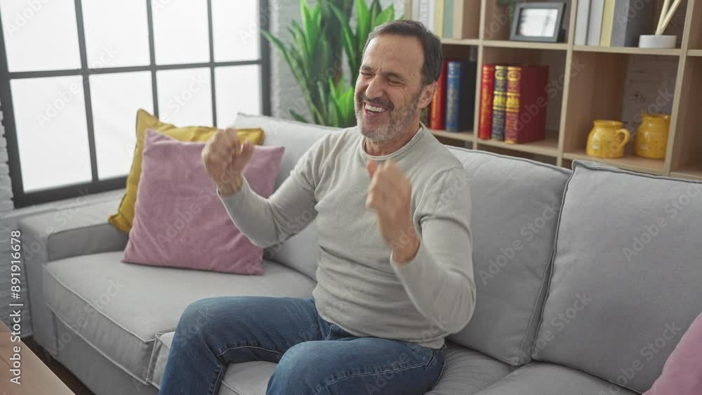Joyful middle-aged man in sweater hits the jackpot! full of excitement, our winner screams in home victory. the bearded adult's satisfaction and happiness radiating from his confident face. Joyful middle-aged man in sweater hits the jackpot! full of excitement, our winner screams in home victory. the bearded adult's satisfaction and happiness radiating from his confident face.