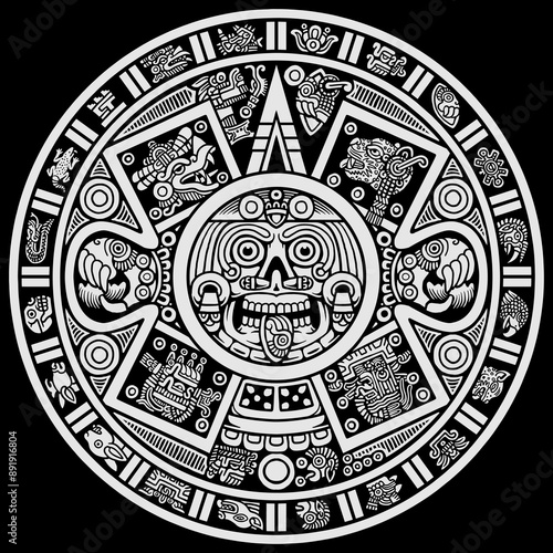 Hand drawn white on black Aztec calendar, vector illustration. cool for t-shirt, emblems, patch, sticker, etc