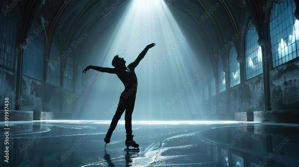 A figure skater, striking a beautiful pose, performs gracefully under a dramatic beam of light in a grand hall, combining elegance with a captivating atmosphere. A figure skater, striking a beautiful pose, performs gracefully under a dramatic beam of light in a grand hall, combining elegance with a captivating atmosphere.