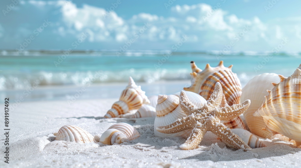 many shells and starfish on white sand with beautiful ocean background many shells and starfish on white sand with beautiful ocean background