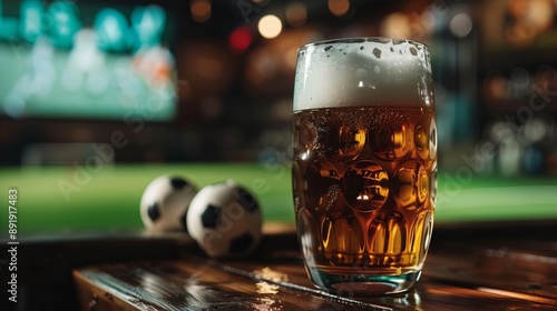 A frothy beer glass is placed on a wooden table with two soccer balls gently resting in the background, creating an exciting sports bar environment perfect for game day. photo