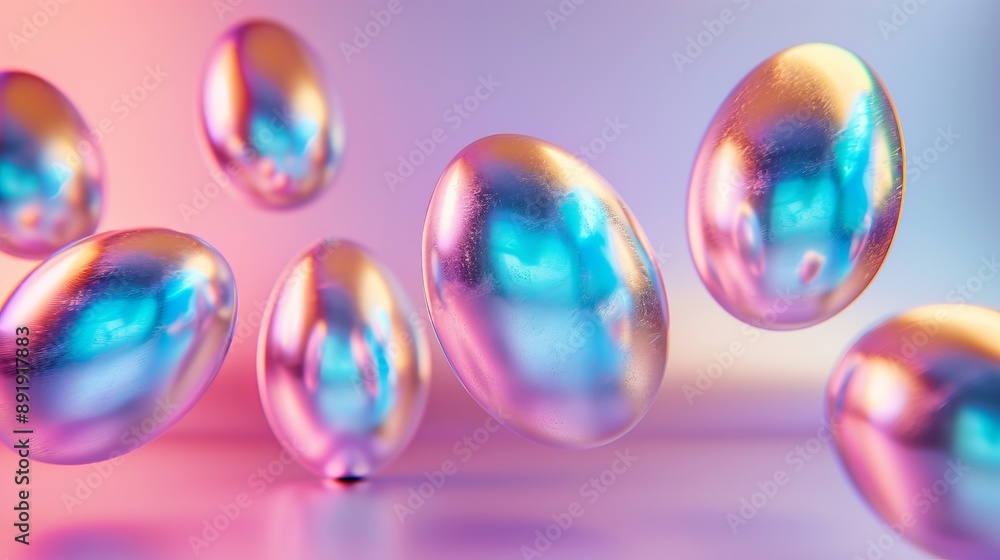 Several shiny, multicolored metallic eggs seemingly floating in mid air against a dreamy pastel background, presenting an ethereal, abstract, and artistic concept. Several shiny, multicolored metallic eggs seemingly floating in mid air against a dreamy pastel background, presenting an ethereal, abstract, and artistic concept.