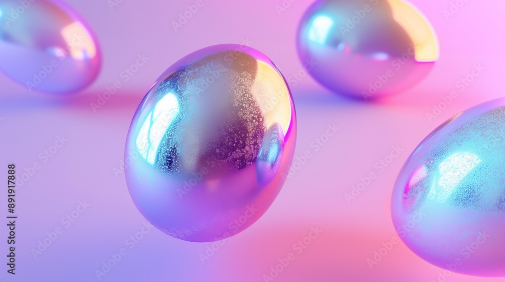 Several shiny, colorful metallic eggs appear to float gracefully against a dynamic pastel background, creating an abstract, futuristic, and dreamy visual experience. Several shiny, colorful metallic eggs appear to float gracefully against a dynamic pastel background, creating an abstract, futuristic, and dreamy visual experience.