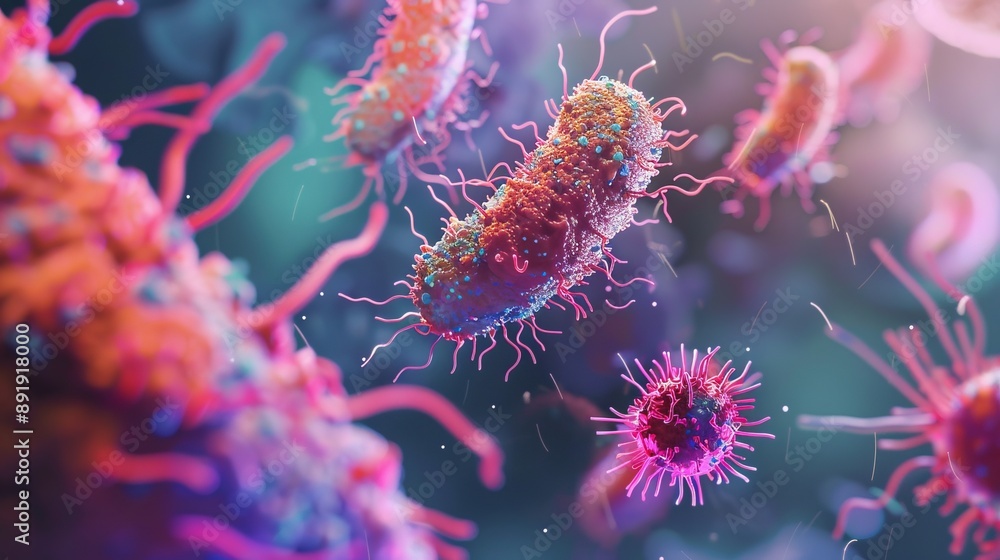 A highly detailed and colorful depiction of bacterial organisms seen under a microscope, showcasing their unique shapes, textures, and vibrant colors in a dynamic composition. A highly detailed and colorful depiction of bacterial organisms seen under a microscope, showcasing their unique shapes, textures, and vibrant colors in a dynamic composition.
