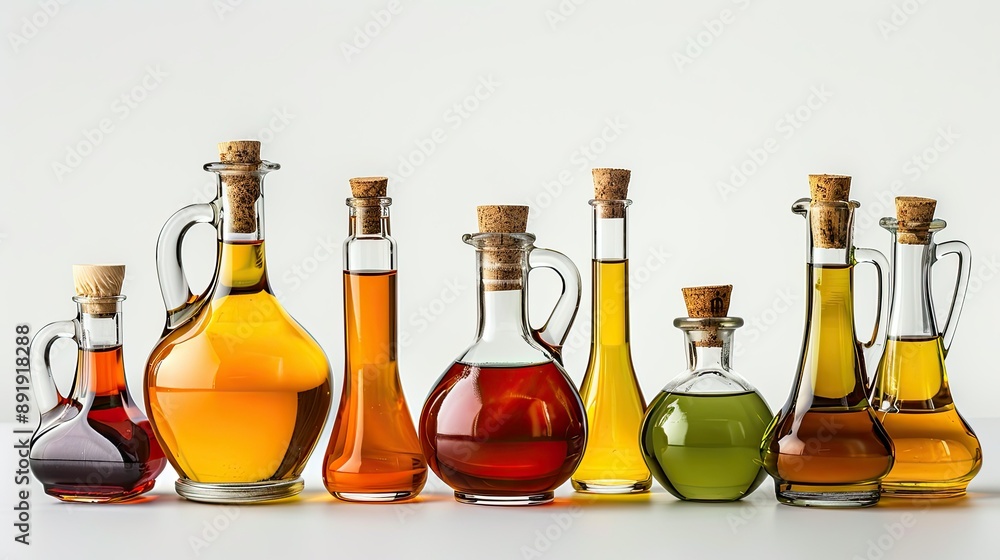 Assorted set of oil glass bottles, isolated on white, featuring different shapes Assorted set of oil glass bottles, isolated on white, featuring different shapes