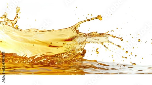 Close-up of cooking oil splashing, captured in mid-air against a white background