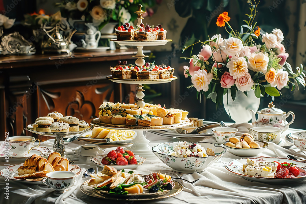 Naklejka premium Edwardian style high tea party with fine china, beautiful linen and delicious food.