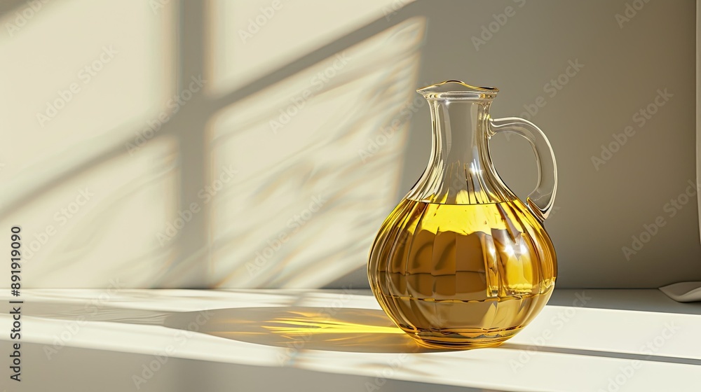 Elegant glass jug containing golden cooking oil, set against white Elegant glass jug containing golden cooking oil, set against white