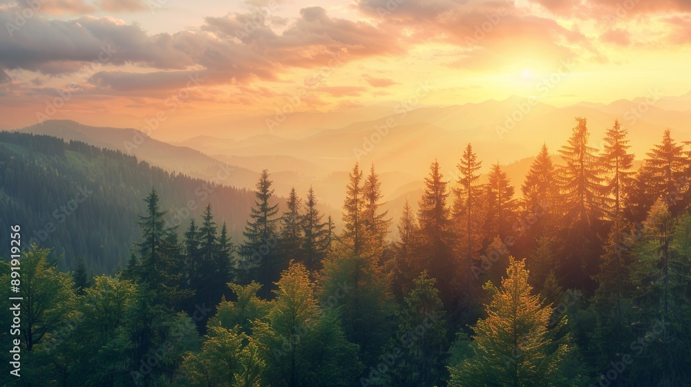 A stunning sunset casts a golden glow over a lush, green forest and mountain range, evoking feelings of peace and tranquility in the beautiful natural landscape. A stunning sunset casts a golden glow over a lush, green forest and mountain range, evoking feelings of peace and tranquility in the beautiful natural landscape.