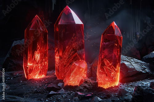 three illuminated red crystals in a dark cave setting