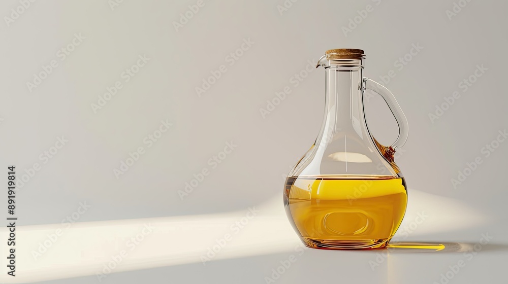 High-quality photo of a glass jug with cooking oil, set against a white backdrop High-quality photo of a glass jug with cooking oil, set against a white backdrop