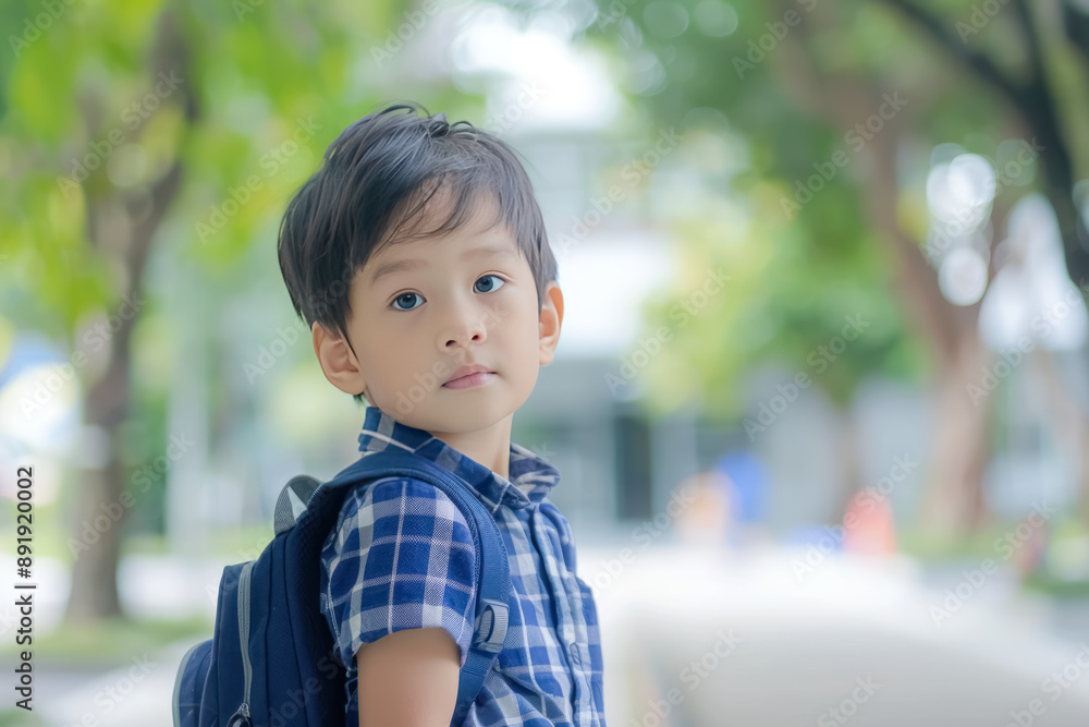 cute little boy with backpack enjoying first day of school cute little boy with backpack enjoying first day of school
