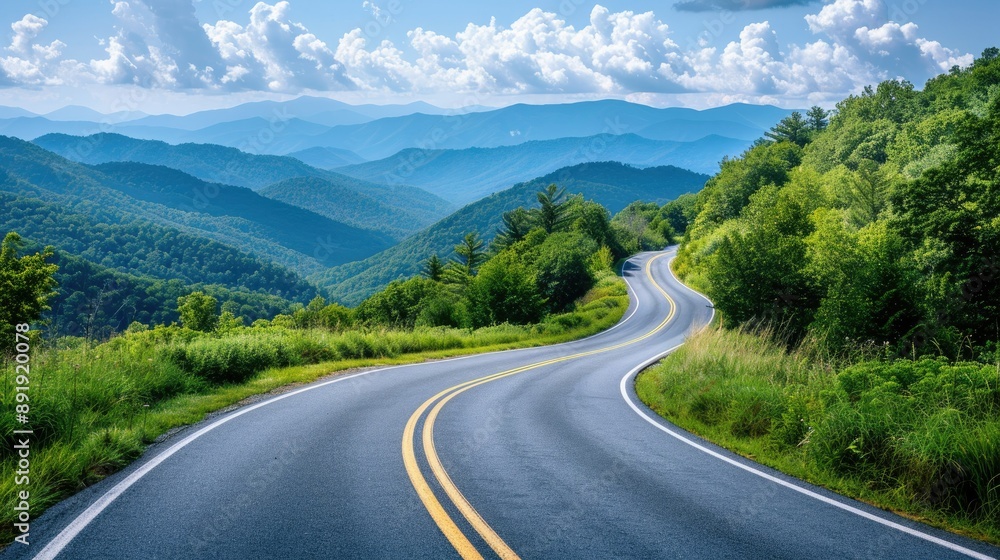 Journey down a winding road towards the Great Smoky Mountains National Park, Tennessee, with lush green scenery and distant peaks Journey down a winding road towards the Great Smoky Mountains National Park, Tennessee, with lush green scenery and distant peaks