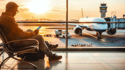 man using smartphone while sitting in waiting hall in airport