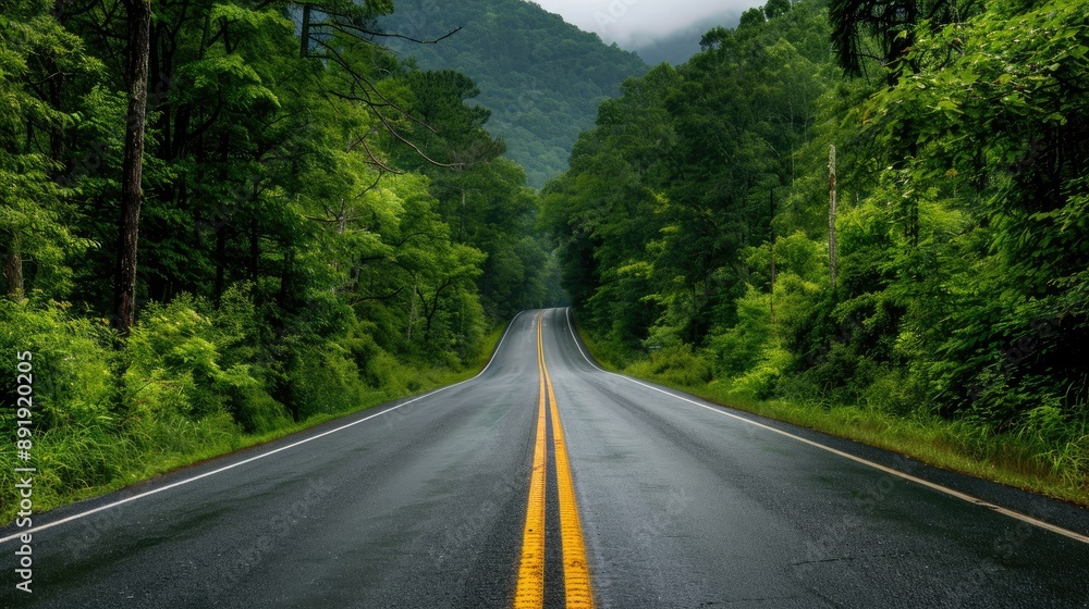 Long road leading to the Great Smoky Mountains National Park, Tennessee, with lush forest on either side and distant mountain scenery Long road leading to the Great Smoky Mountains National Park, Tennessee, with lush forest on either side and distant mountain scenery