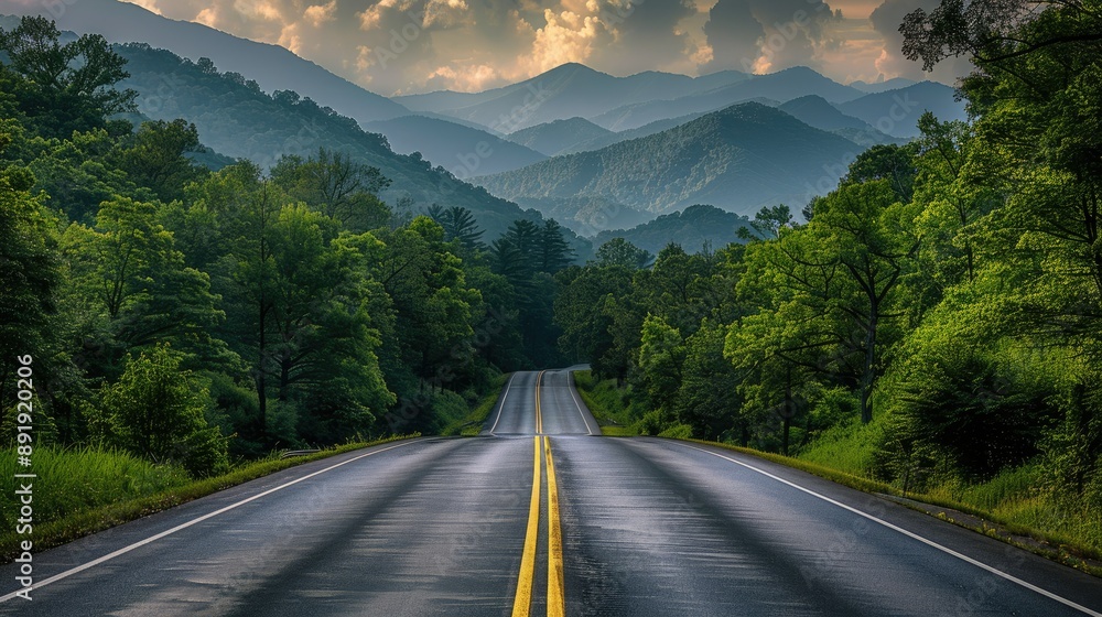 Long road leading to the Great Smoky Mountains National Park, Tennessee, with lush forest on either side and distant mountain scenery