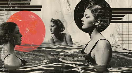 Three women in swimsuits in a vintage artistic water scene with abstract elements