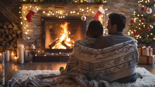 Couple sitting by a roaring fireplace, wrapped in blankets, holiday decorations and twinkling lights, warm and intimate setting, peaceful and festive mood, copy space