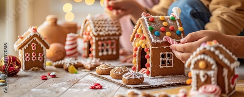 Parents and kids creating gingerbread houses, applying frosting and candies, festive holiday setting, cheerful and creative mood, warm kitchen, copy space