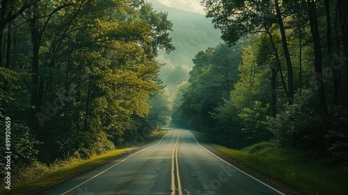 Scenic journey down a road leading to the Great Smoky Mountains National Park, Tennessee, framed by dense trees and rolling hills