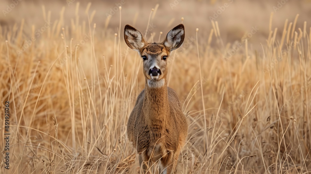 A beautiful single deer standing amidst tall dry grass in an open field, captured during the golden hour, conveying a sense of peace and tranquility in nature. A beautiful single deer standing amidst tall dry grass in an open field, captured during the golden hour, conveying a sense of peace and tranquility in nature.