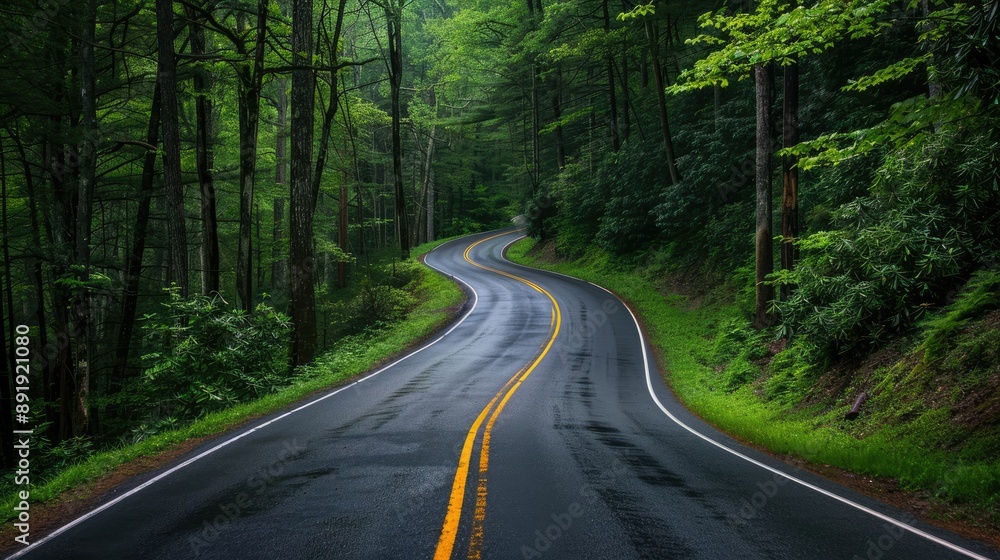 View of a winding road stretching towards the Great Smoky Mountains National Park, Tennessee, with dense forest on both sides View of a winding road stretching towards the Great Smoky Mountains National Park, Tennessee, with dense forest on both sides