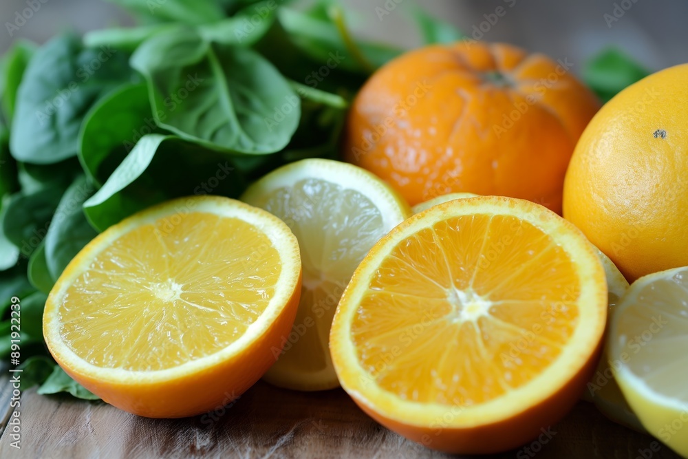 Halved oranges and lemons placed alongside fresh green leafy vegetables, displaying a bright and healthy food assortment. Halved oranges and lemons placed alongside fresh green leafy vegetables, displaying a bright and healthy food assortment.