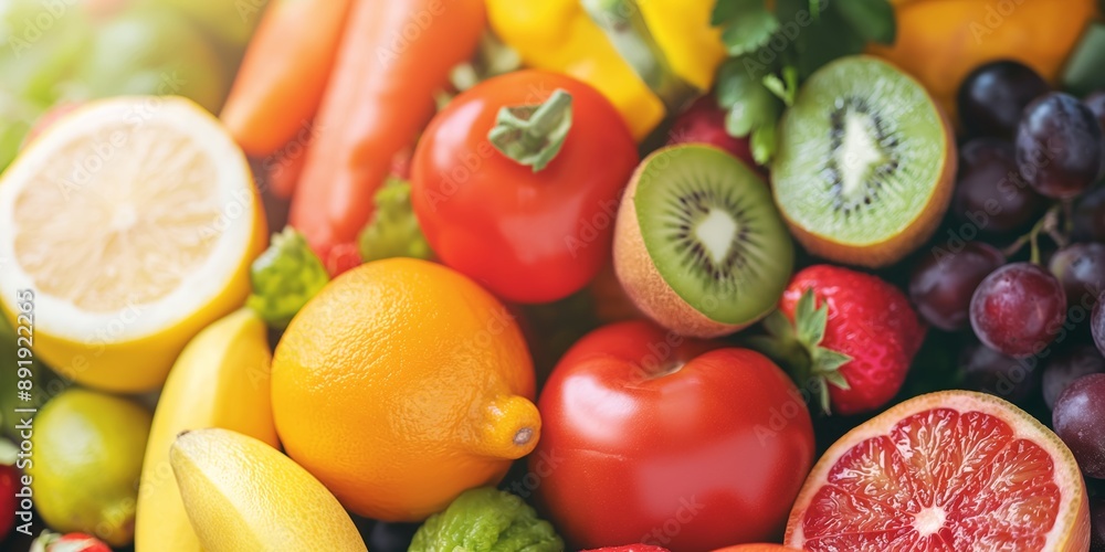 An assortment of fresh fruits and vegetables including citrus fruits, tomatoes, kiwi, grapes, and strawberries. An assortment of fresh fruits and vegetables including citrus fruits, tomatoes, kiwi, grapes, and strawberries.