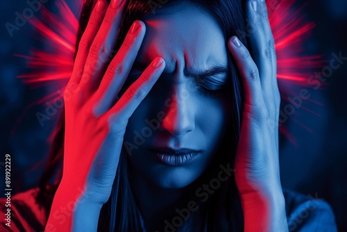 Individual in blue and red tinted light holding their head, suggesting stress or migraine, with radiant background lighting. photo