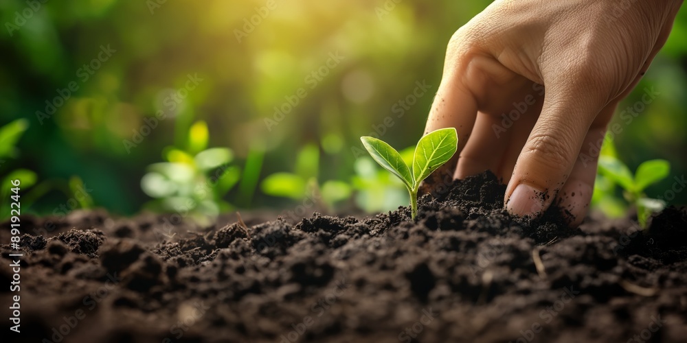 A hand carefully plants a small green seedling into fertile, dark soil, symbolizing new beginnings and nurturing nature. A hand carefully plants a small green seedling into fertile, dark soil, symbolizing new beginnings and nurturing nature.