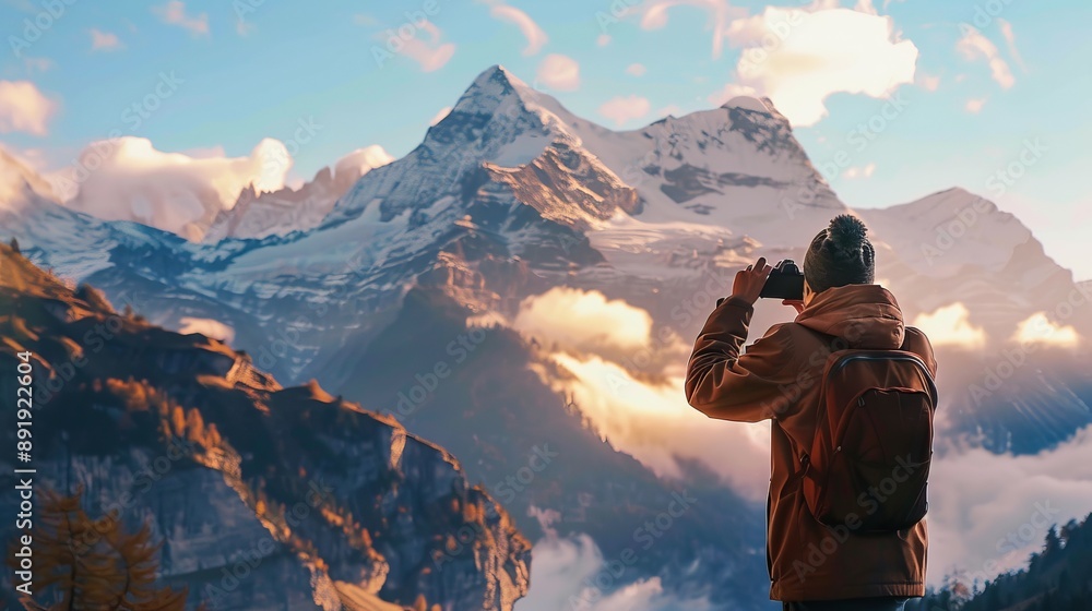 A traveler, sporting a backpack and warm clothing, capturing the magnificent sunrise over snow-capped mountains using a smartphone, surrounded by a stunning, vast landscape. A traveler, sporting a backpack and warm clothing, capturing the magnificent sunrise over snow-capped mountains using a smartphone, surrounded by a stunning, vast landscape.