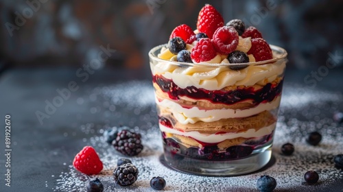 fruit trifle delight, mixed berry trifle layers in a glass dessert bowl, a guilt-free, light and refreshing fruity treat to savor