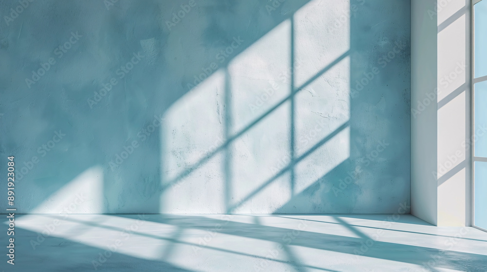 Minimalist abstract light blue background designed for product presentations, featuring shadows and light effects from windows on a plaster wall. Minimalist abstract light blue background designed for product presentations, featuring shadows and light effects from windows on a plaster wall.