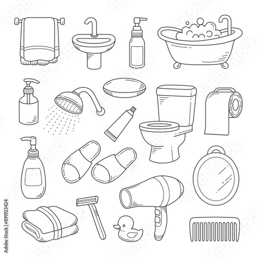 Bathroom stuff outline doodle hand drawn vector illustration