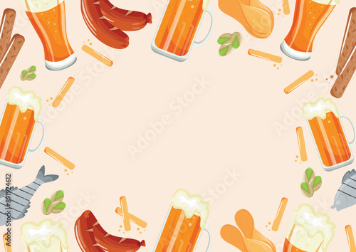 horizontal poster template with different glasses of beer with different snack and food, vector illustration