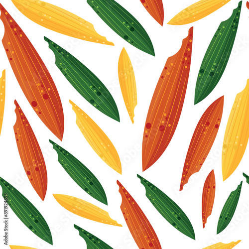 seamless pattern of green yellow red leaves of plantain plant in abstract style, vector illustration, for wrapping, textile or packaging