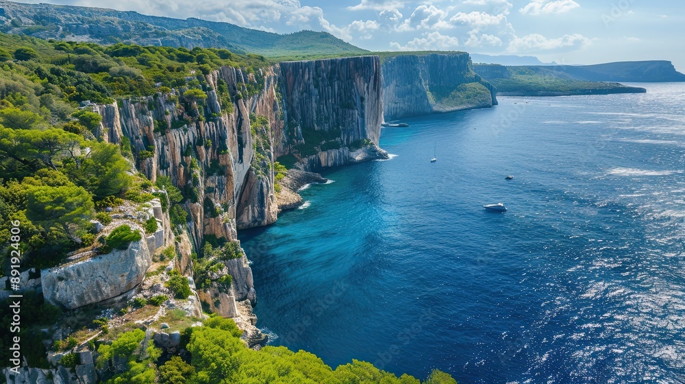 Obraz premium Aerial view of dramatic cliffs plunging into deep blue waters, framed by lush greenery and a clear sky