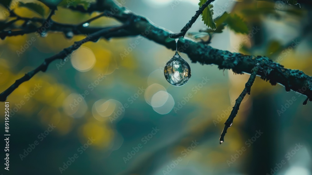Single raindrop hangs from tree branch surrounded by bokeh lights Single raindrop hangs from tree branch surrounded by bokeh lights