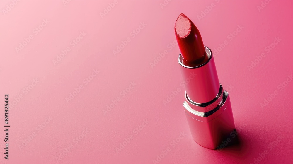 Close up of shiny red lipstick on a pink backdrop with room for text Close up of shiny red lipstick on a pink backdrop with room for text