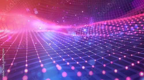 A futuristic 3D background with holographic elements and digital grids in bright neon colors