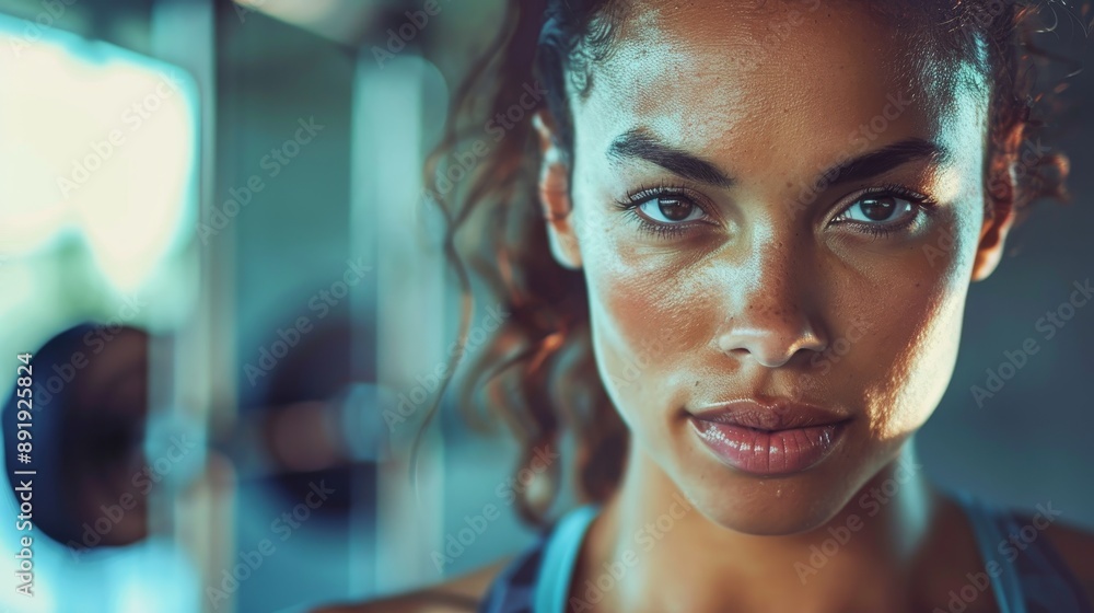 closeup of fit energetic young black african american beautiful woman determined expression, wearing workout gear in a fitness gym. wallpaper background with blank copy space for text, web design, ads closeup of fit energetic young black african american beautiful woman determined expression, wearing workout gear in a fitness gym. wallpaper background with blank copy space for text, web design, ads