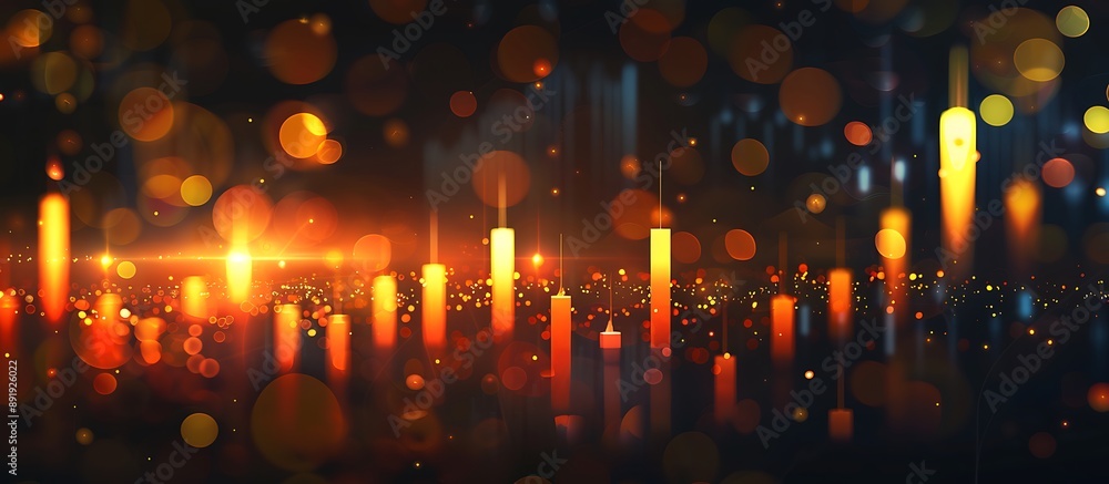 Candlestick chart, orange and yellow tones, dark blurred background, glowing lights, bokeh effect, trading art, high resolution, Candlestick chart, orange and yellow tones, dark blurred background, glowing lights, bokeh effect, trading art, high resolution,